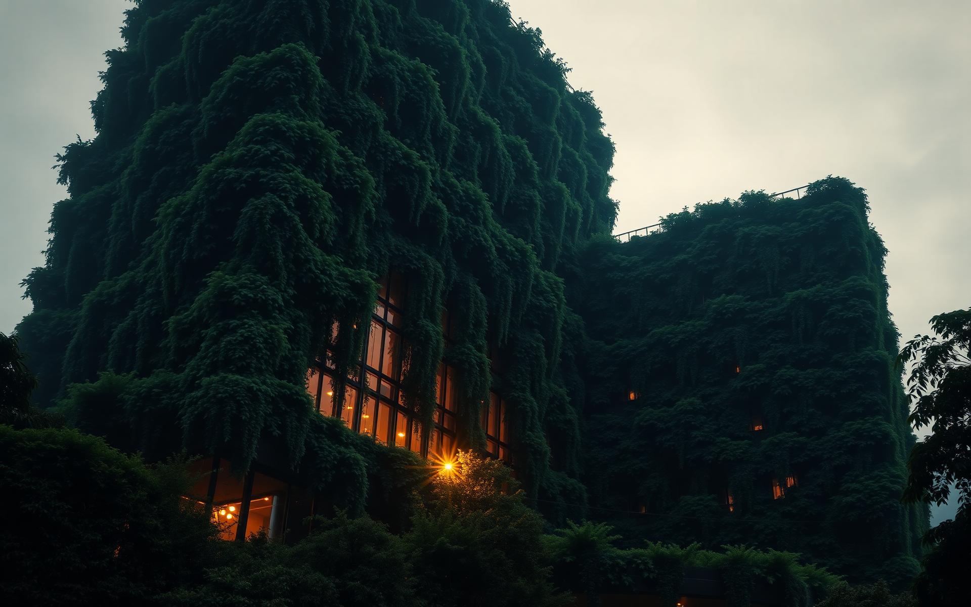 Verdant vertical garden architecture at golden hour